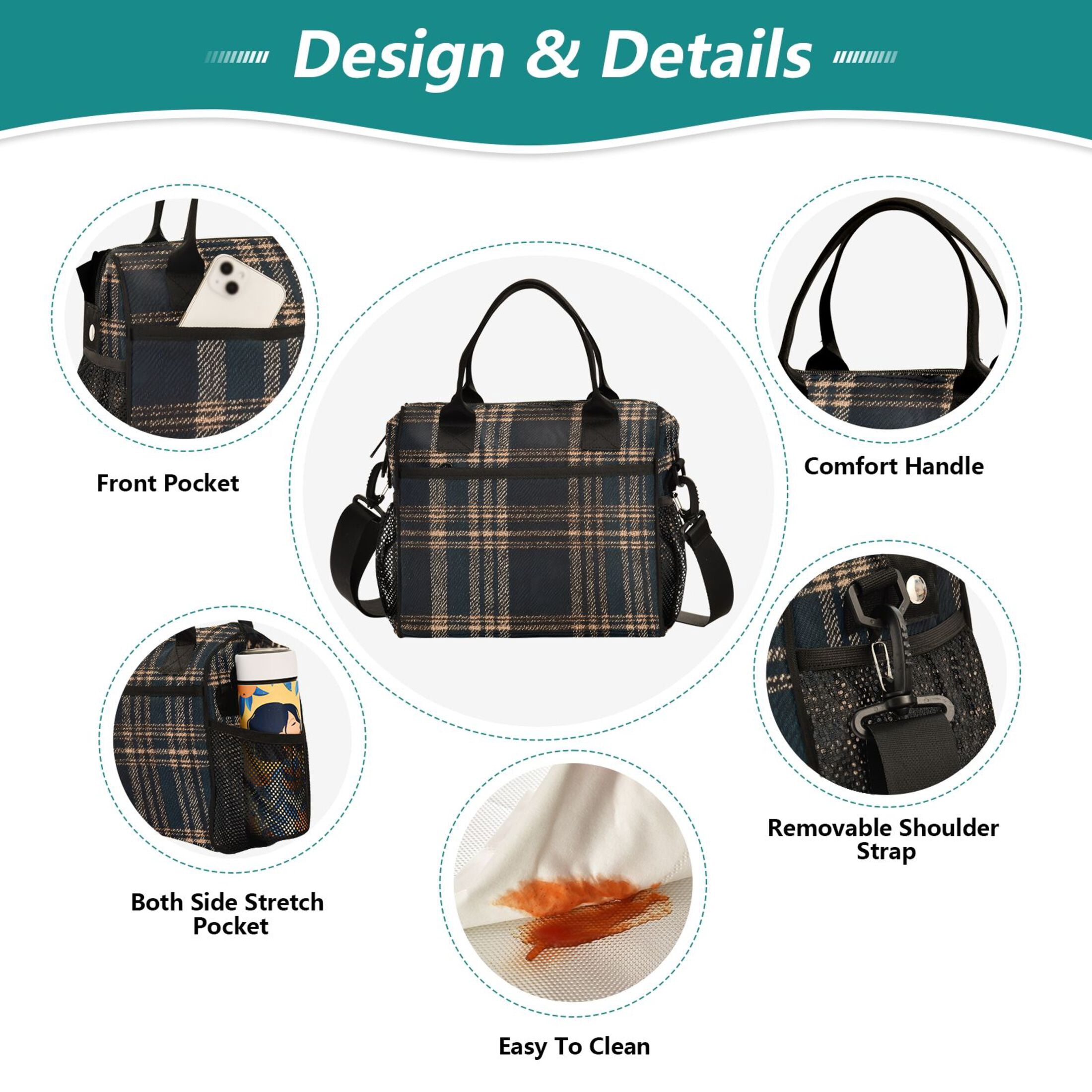 Lunch Bag Insulated Lunch Box Leakproof Reusable Cooler Tote Adjustable Shoulder Strap for Men Women Dark Green Brown Tartan 12L