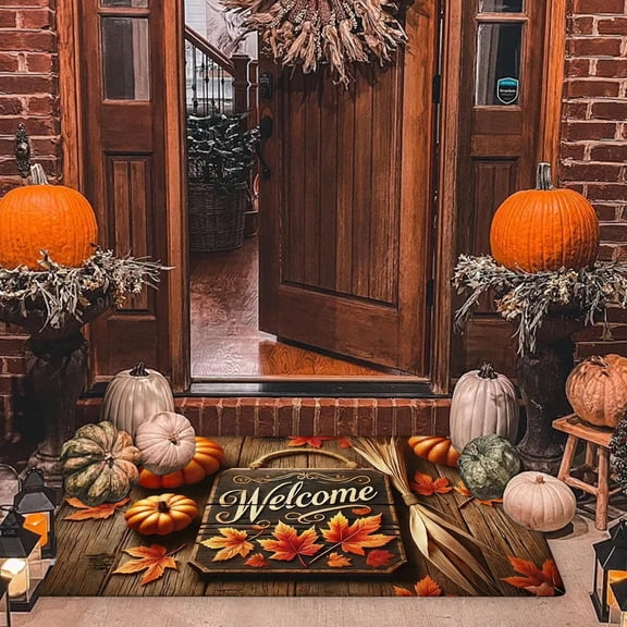 Maple Leaf Welcome Entry Doormat, Non Slip Pumpkin Absorbent Floor Mat for Thanksgiving Halloween, Fall Decor Rug for Front Door Porch Entryway Home Holiday Decoration, B