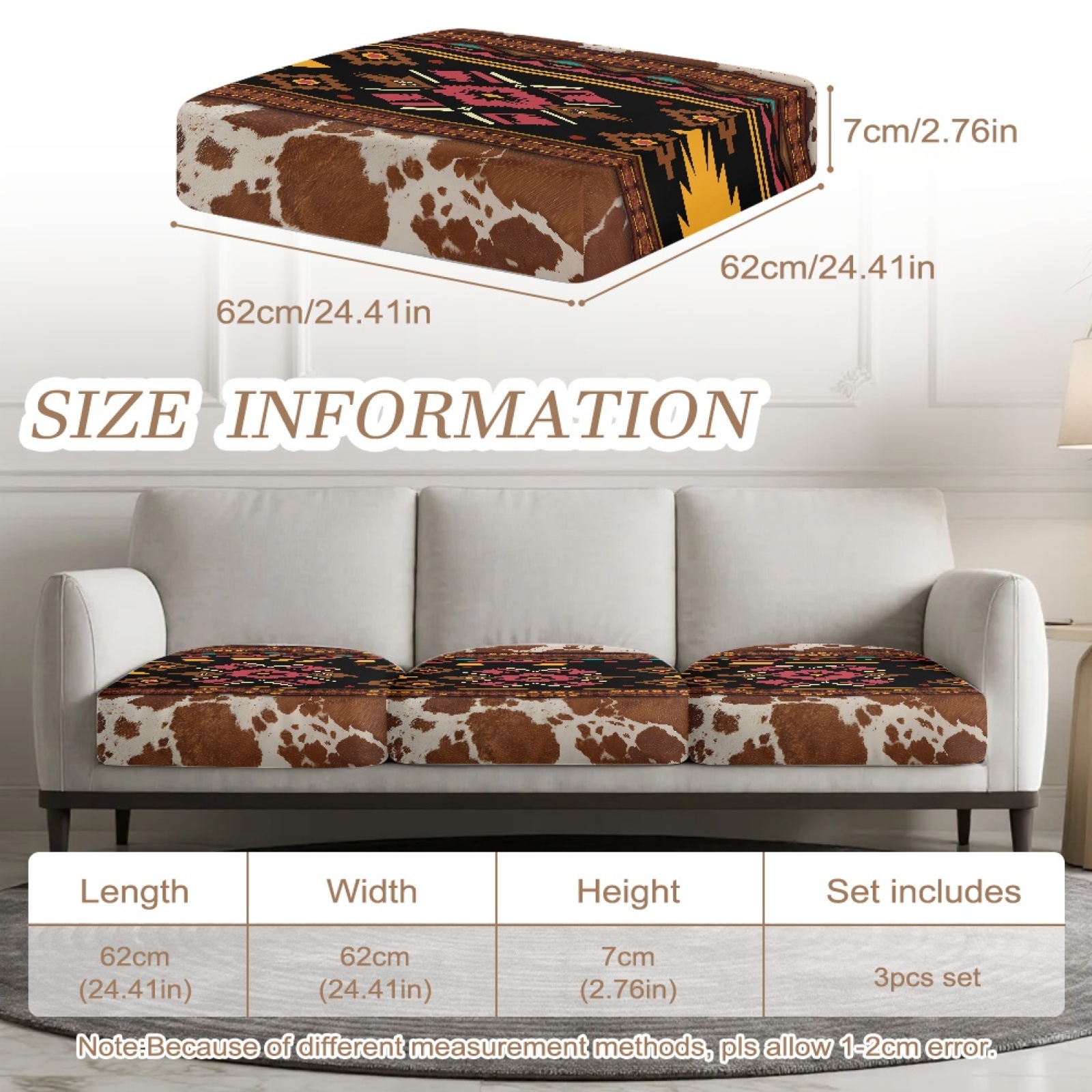 COEQINE Couch Cover Stretch Elastic Spandex Fabric Sofa Seat Cover Sets Seat Cushion Slipcover Pet Friendly Dog Couch Cushion Slipcover for Pets, Kids, 3 Pieces, American Tribal Brown Cow Print