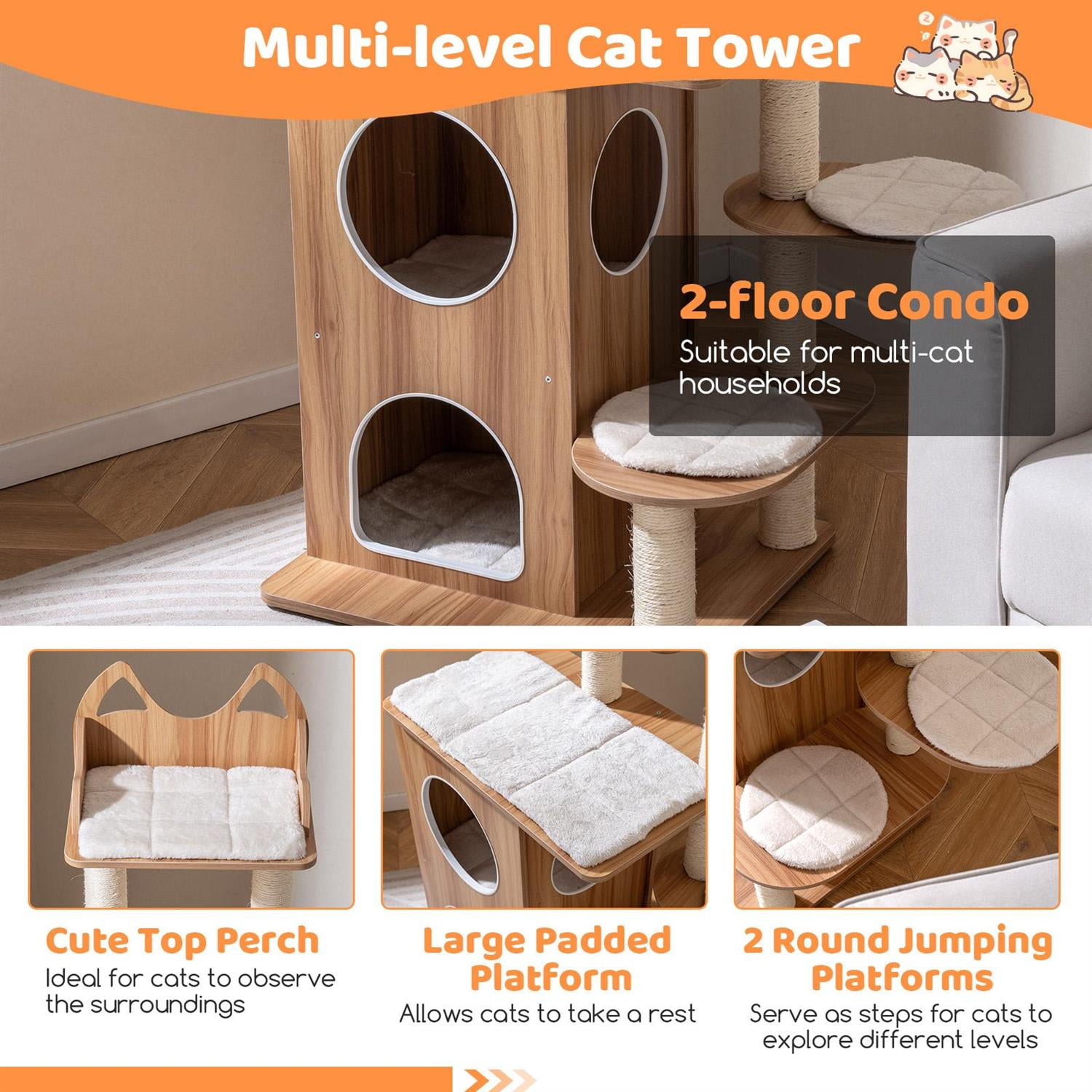 Pefilos 48" Tall Wooden Cat Tree, 2-Floor Condo & Washable Cushions, Sisal Scratching Posts, Natural (Brown)