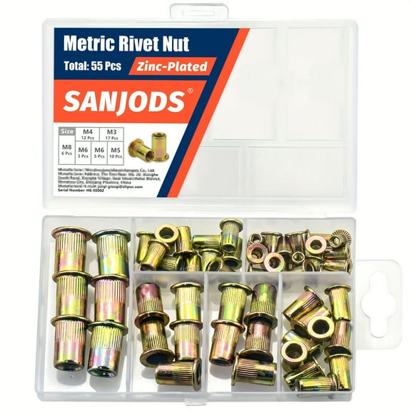 Metric Rivet Nut Assortment Kit (55Pcs/150Pcs)  M3 M4 M5 M6 M8 M10 Flat Head Rivnut Zinc Plated Carbon Steel Threaded Insert Nut