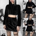 thumbnail image 3 of Black Conjunto de trajes de piel sintética de 2 piezas gótico punk para mujer, sudaderas con capucha con orejas de oso lindas, sudadera recortada con cordón, minifalda de cintura a, 3 of 5