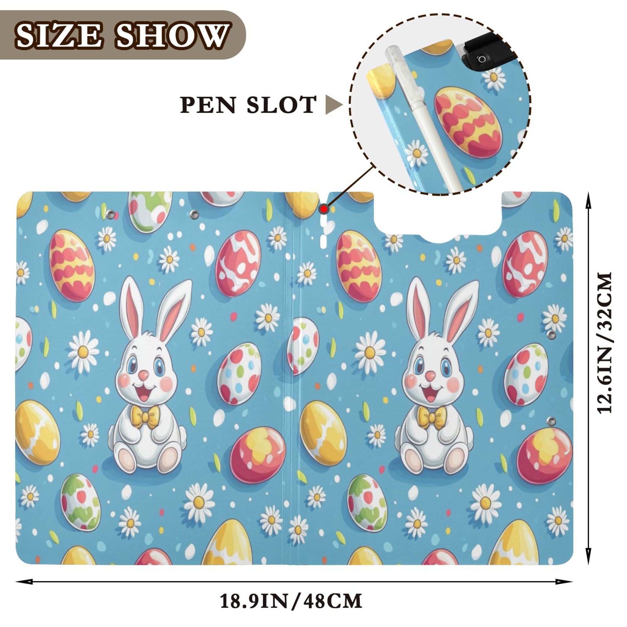 FORMRS A4 Clipboard Folder with Pen Holder Horizontal Foldable School Office Binder, Easter Bunny Pattern