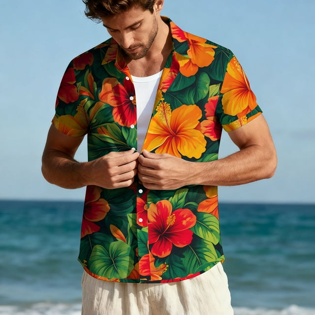 Blusa y camisa hawaiana de manga corta con cuello vuelto para hombre, camisa unisex de verano para playa, informal, de manga corta, con botones, ropa estampada, blusa para hombre
