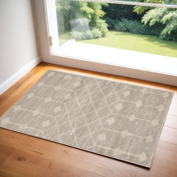 3' X 5' Beige Geometric Power Loom Area Rug