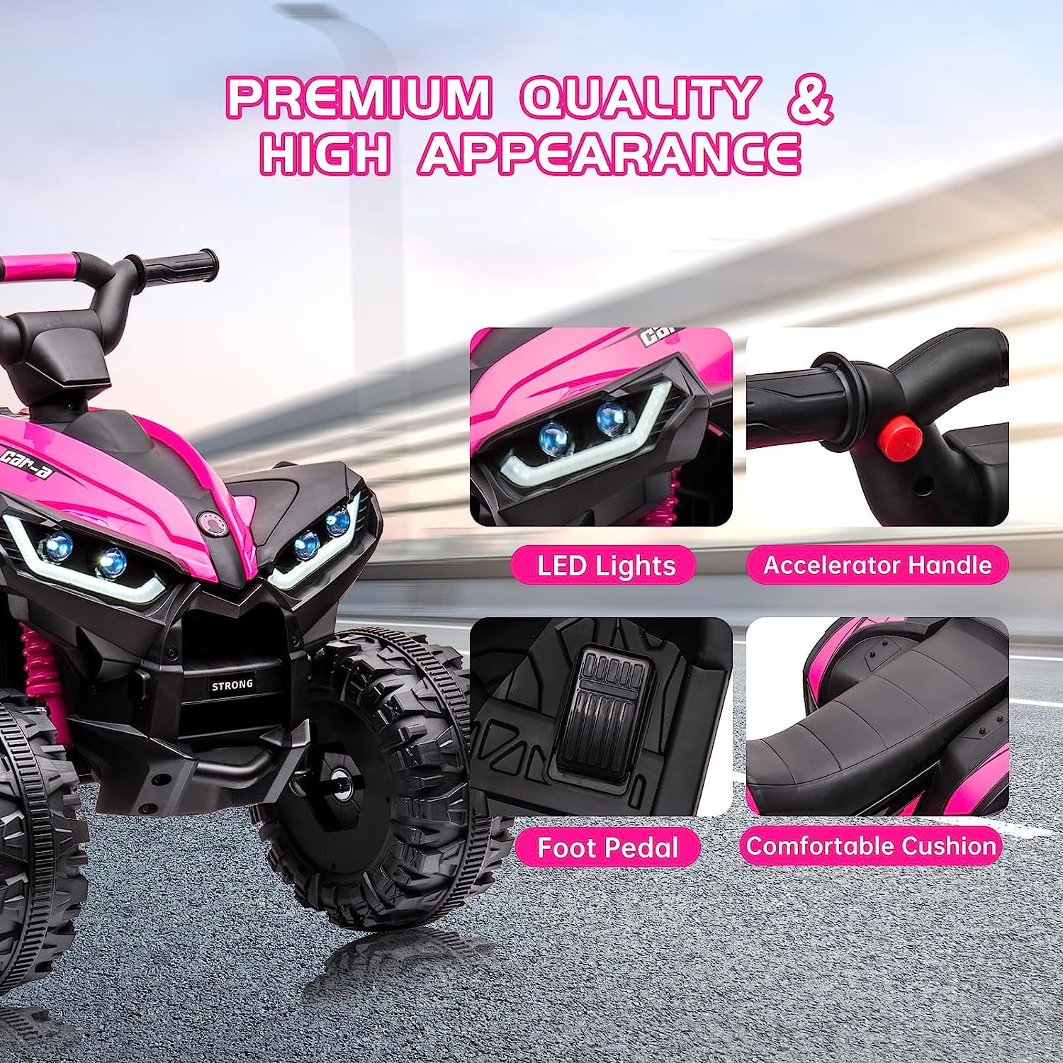 Trilenars Electric Quad Bike 12V, Ride On Car ATV Toy with Remote Control, Music, LED, Horn, 2 Speed, for Ages 3-5 Years,Pink