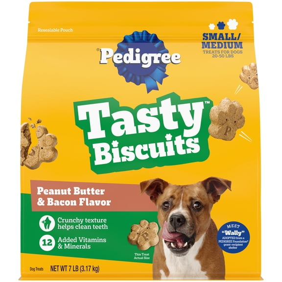 Pedigree Mini Tasty Biscuits Dog Treats, Peanut Butter & Bacon Flavor, 7-lb Bag