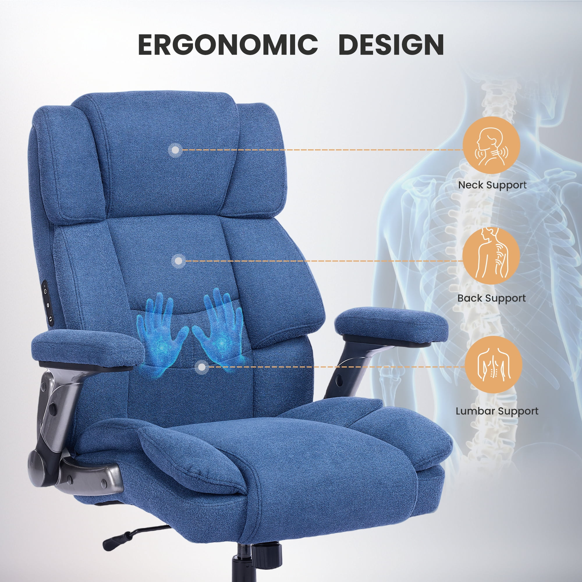 EOP 600LBS Big and Tall Heavy Duty Office Chair, Ergonomic Massage Desk Chair with 4D Adjustable Armrests, Fabric Executive Chair with Lumbar Support & Quiet Dual Rubber Wheels, Blue