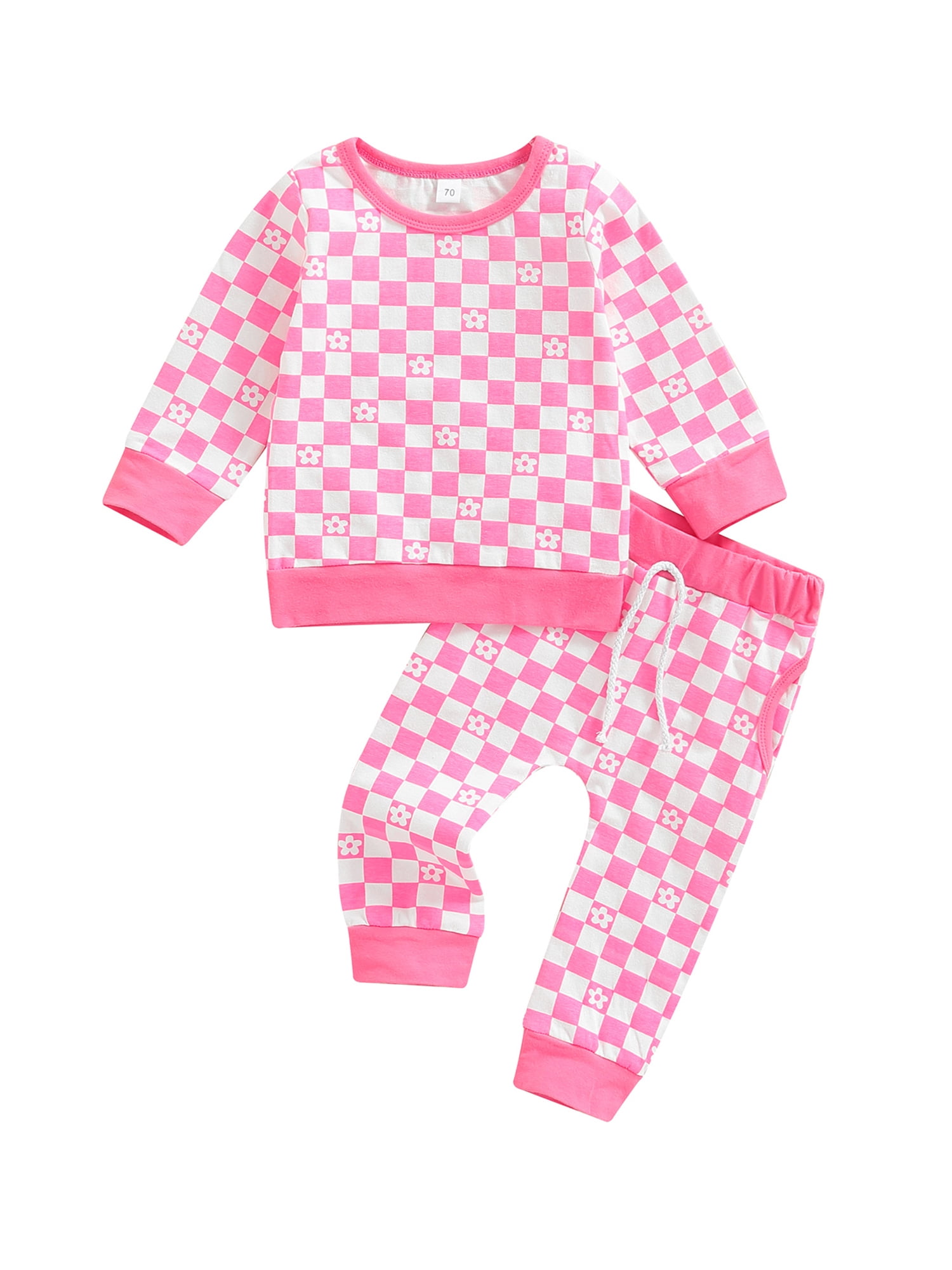 AMILIEe 2 Pieces Infant Baby Girls Suit Set, Checkerboard Print Long Sleeve  Tops+ Long Pants 