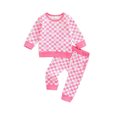 

One opening 2 Pieces Baby Girls Suit Set Checkerboard Flower Print Round Neck Long Sleeve Tops+ Long Pants