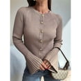 thumbnail image 4 of Suéter de Cuello Redondo Acanalado para Mujer, Camisa de Punto Acampanada de Larga con Botones y Abertura Frontal, Conjunto de Otoño Caqui S, 4 of 6