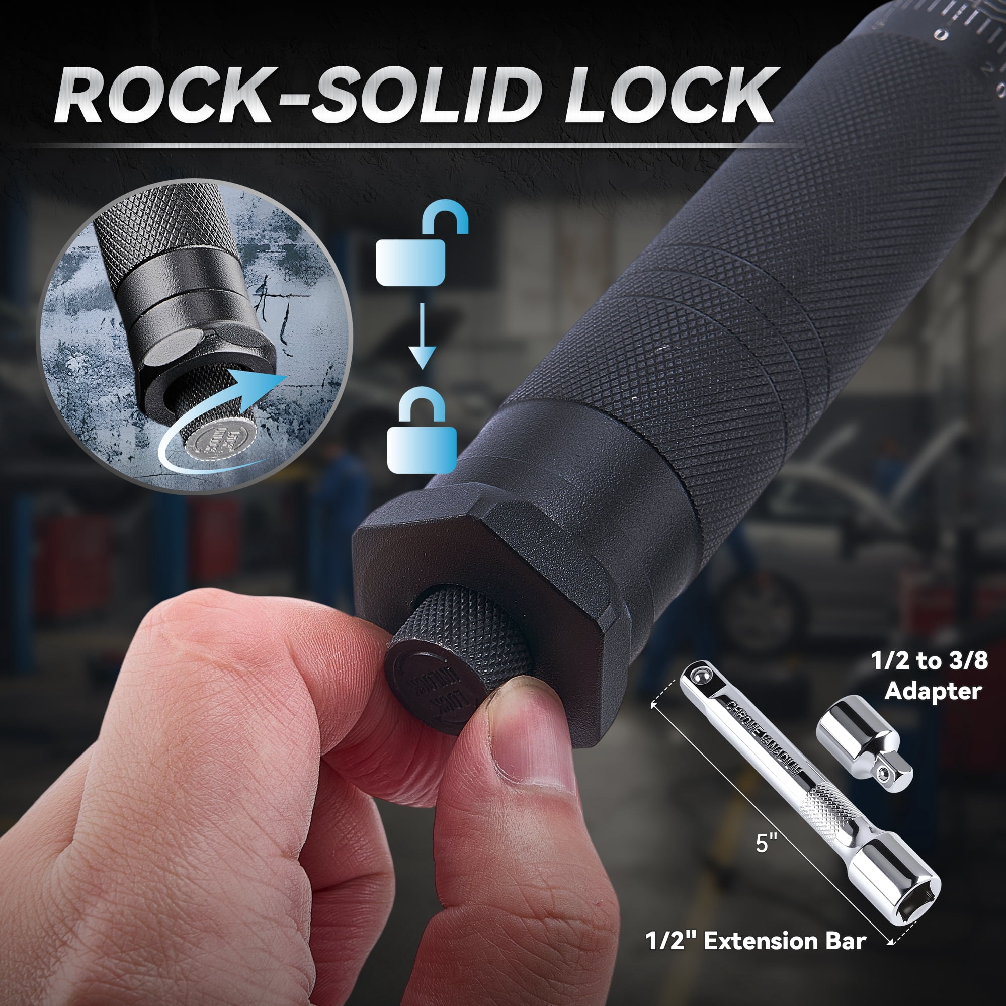 Heavy Duty 1/2-inch Drive Click Torque Wrench 25-250 ft.lb/33.9-338.9 Nm, Dual Range Scales, Includes Adapters and Extension Rod