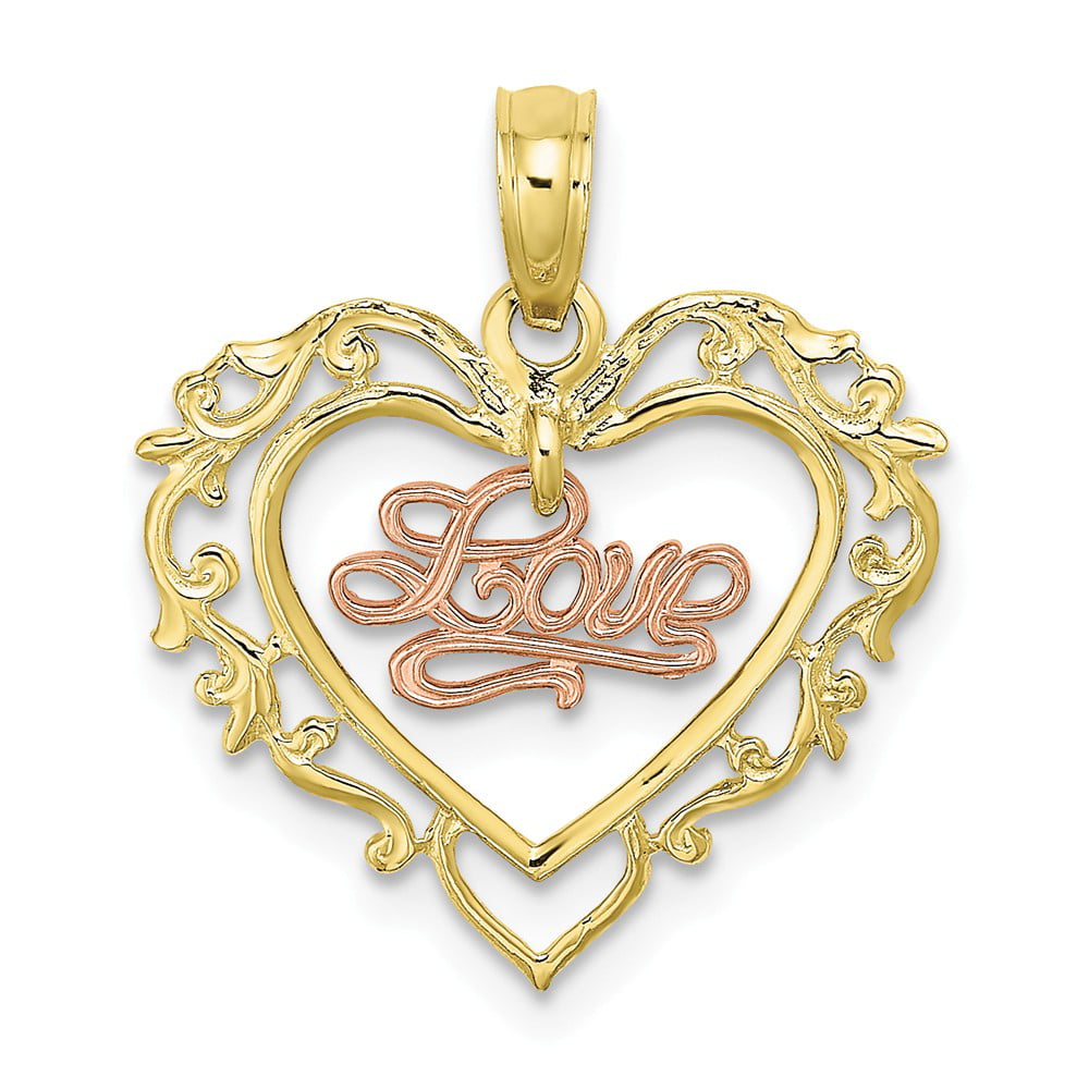 Solid 10k Yellow and Rose Gold Love In Heart Charm Pendant