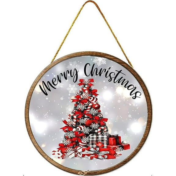 Round Wooden Christmas Wreath Sign - Merry Christmas Holiday Kitchen Cafe Pub Decor, Wall Plaque Art, Rustic Wood Gift - Diameter 12''