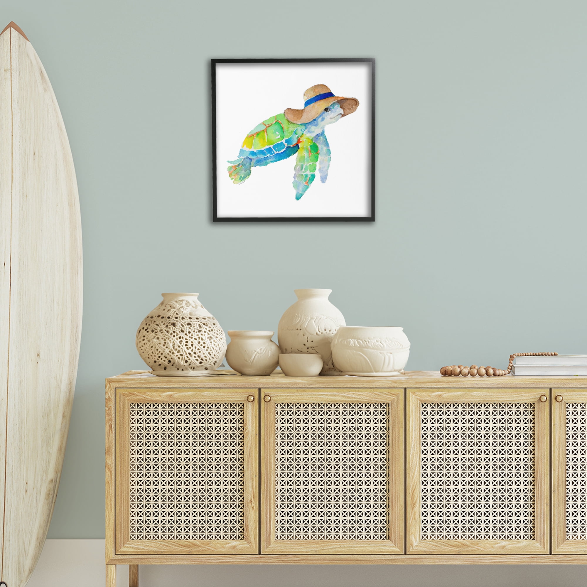 Stupell Industries Beach Ready Turtle Novelty Painting Black Framed Art Print Wall Art, 24 x 24