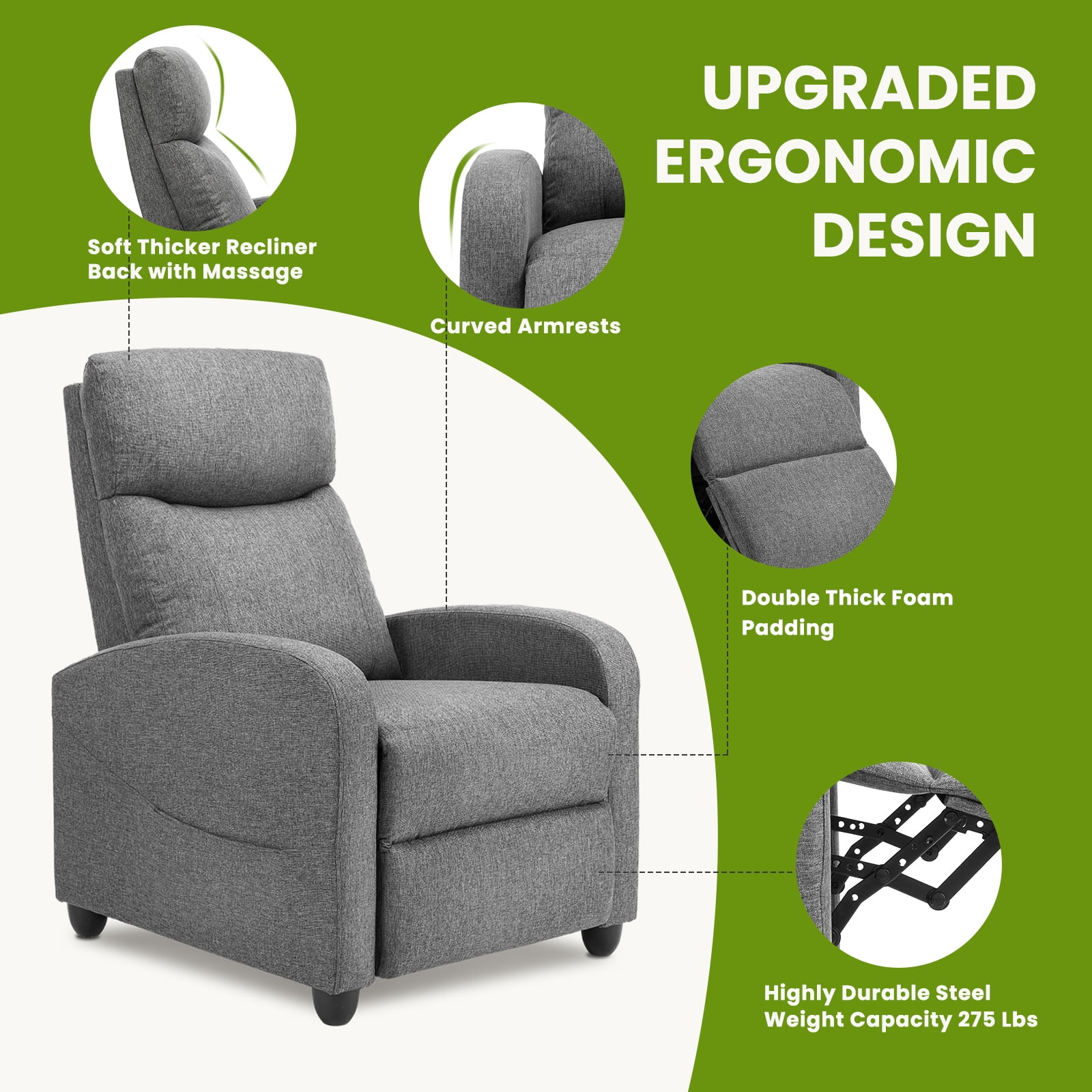 MCQ Vibration Massage Recliner Chair, Comfortable Lounge Seat for Home, 275lbs Capacity, Grey