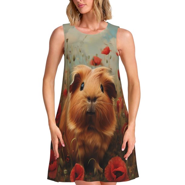 Fotbe Rose Cute Guinea Pig Vestido de Verano sin Mangas para Mujer – Vestido Midi Línea A, Estilo Camiseta Floral, Vestido Playero Casual y Fluido