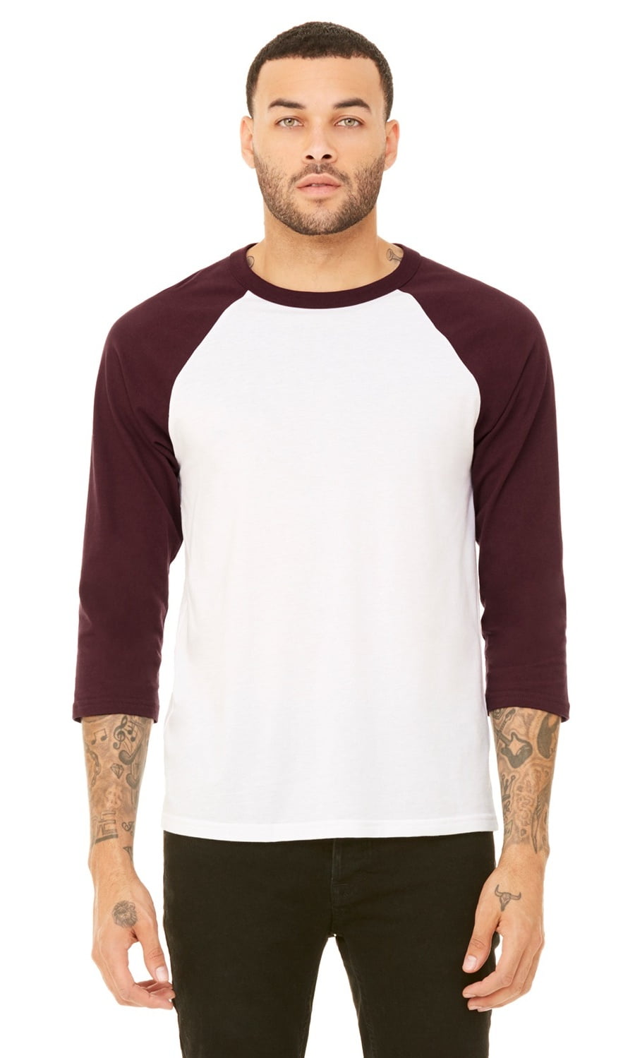 The Bella + Canvas Unisex 3/4 Sleeve Baseball TShirt WHITE/ MAROON
