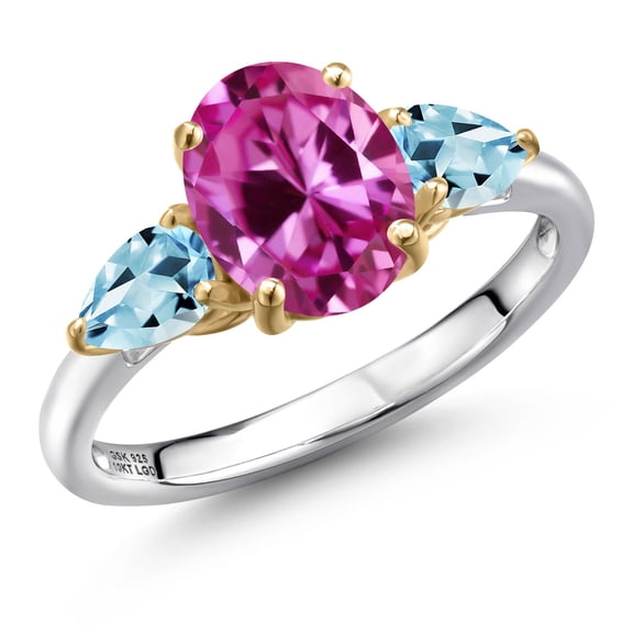 Gem Stone King 925 Silver and 10K Yellow Gold Pink Created Sapphire and Sky Blue Topaz Engagement Ring for Women | 2.00 Cttw | Oval 9X7MM | Gemstone September Birthstone | Size 9