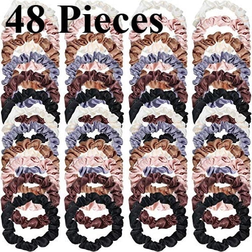 48 Pieces Satin Scrunchies Small Silk Hair Tie Mini Thin Skinny Scrunchies Bulk Women Curly Thin Multicolor Elastic Hair Bands Accessories Ponytail Holders Ideal Gifts for Women