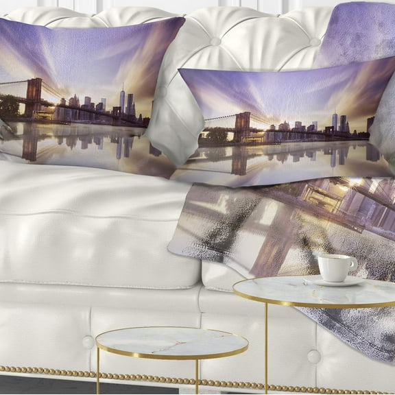 Designart Purple Sky Over Brooklyn Bridge - Cityscape Photo Throw Pillow - 12x20