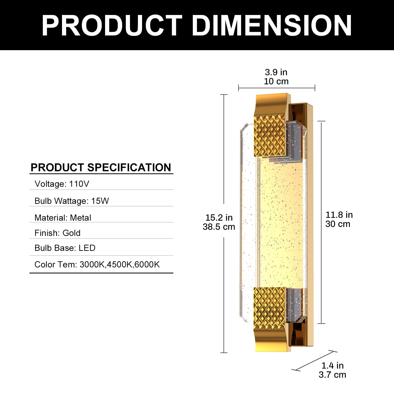 YANSUN 15.2 in Gold Wall Sconce with Bubble Glass Tube, 3 CCT Modern LED Integrated Light for Entryway, Bedroom, Hallway