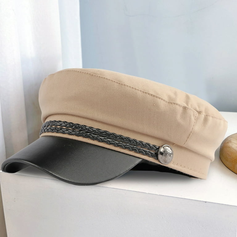 Spring Autumn Women Captain Cap Faux Leather Brim Flat Top Braided