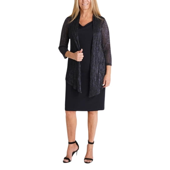 Connected Apparel Metallic Cardigan Three Quarter Sleeves Sheath Dress Color: NAVY, Size: 4