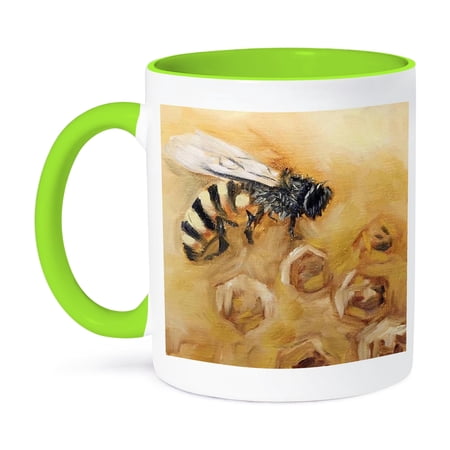 3dRose, Image of a honey bee on a honeycomb background, 11oz Two-Tone Green Mug