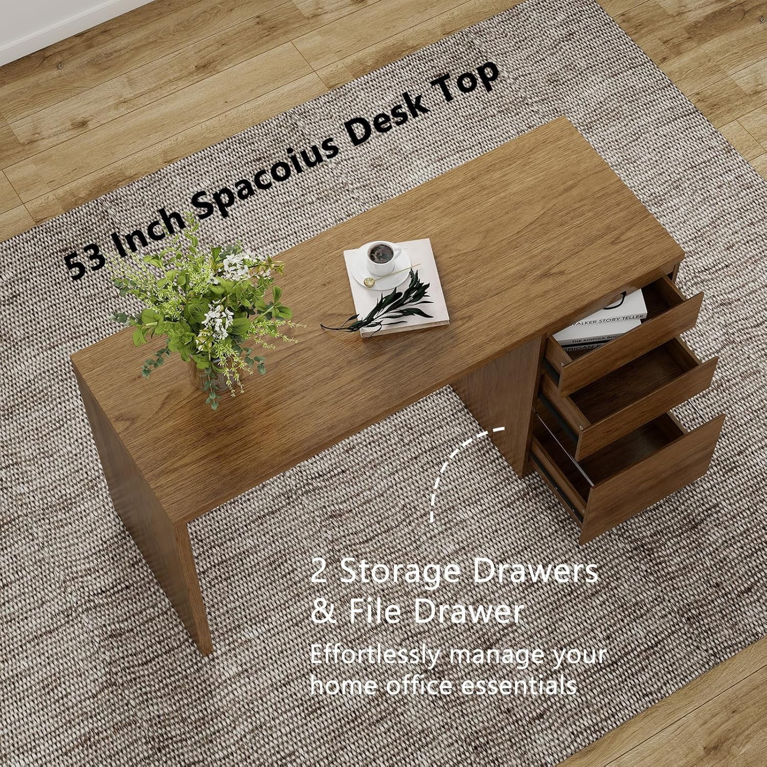 LAZZO 53" Computer Desk with 3 Drawers, Executive Writing Desk with File Storage Drawer for Home Office, Brown