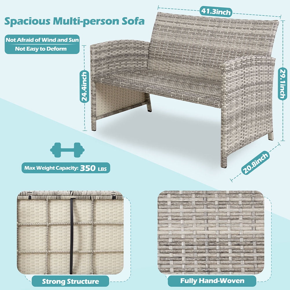 Kadyn 4 Pieces Conversation Sets, Outdoor Patio Wicker Furniture Sets with 2 Single Chairs, Double Chair and Coffee Table, Rattan Conversation Set for Homes, Grey Kadyn 4 Pieces Conversation Sets, Outdoor Patio Wicker Furniture Sets with 2 Single Chairs, Double Chair and Coffee Table, Rattan Conversation Set for Homes, Grey
