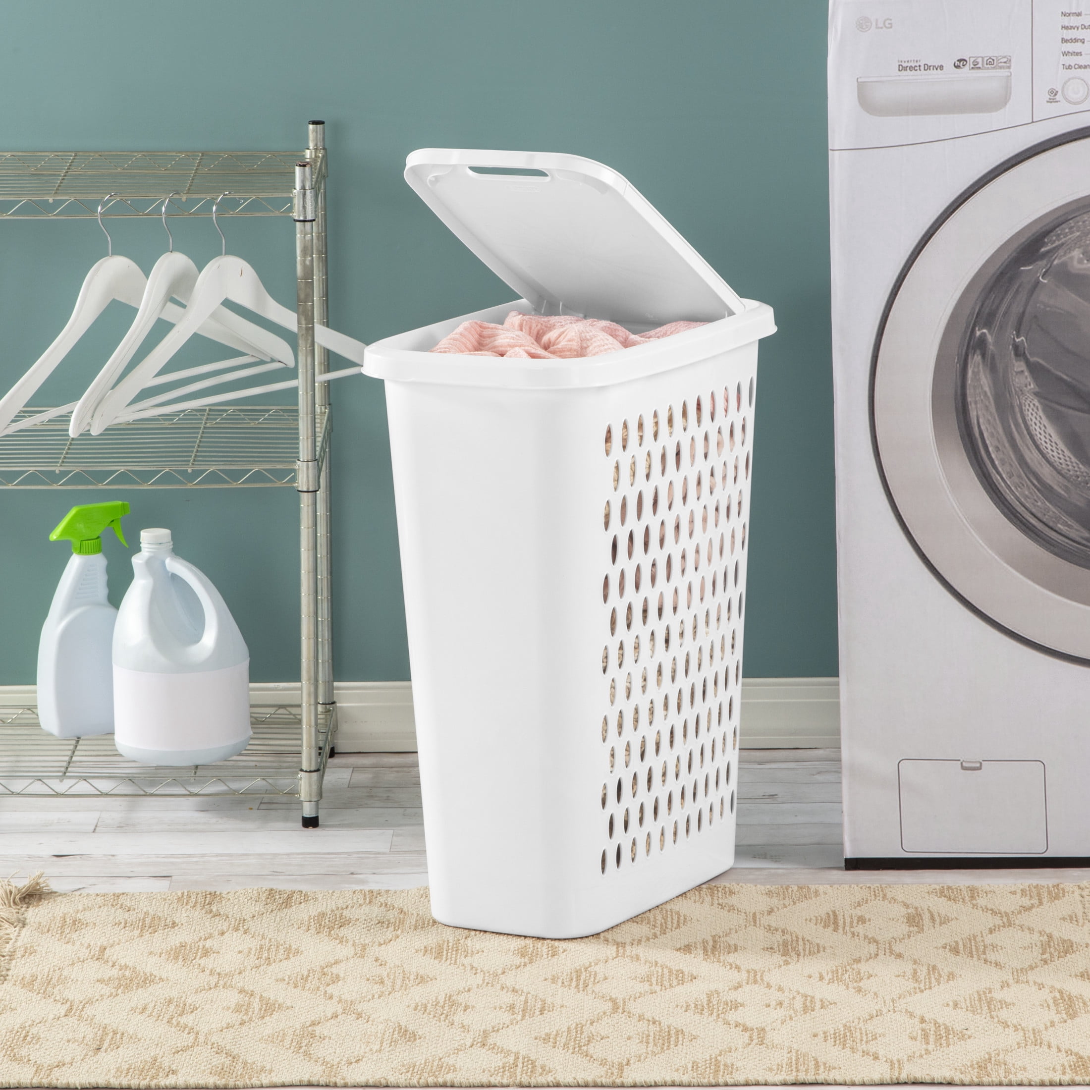 Sterilite Slim Laundry Hamper, Plastic, Lift-top Lid and Integrated Handles, White, 4 Count