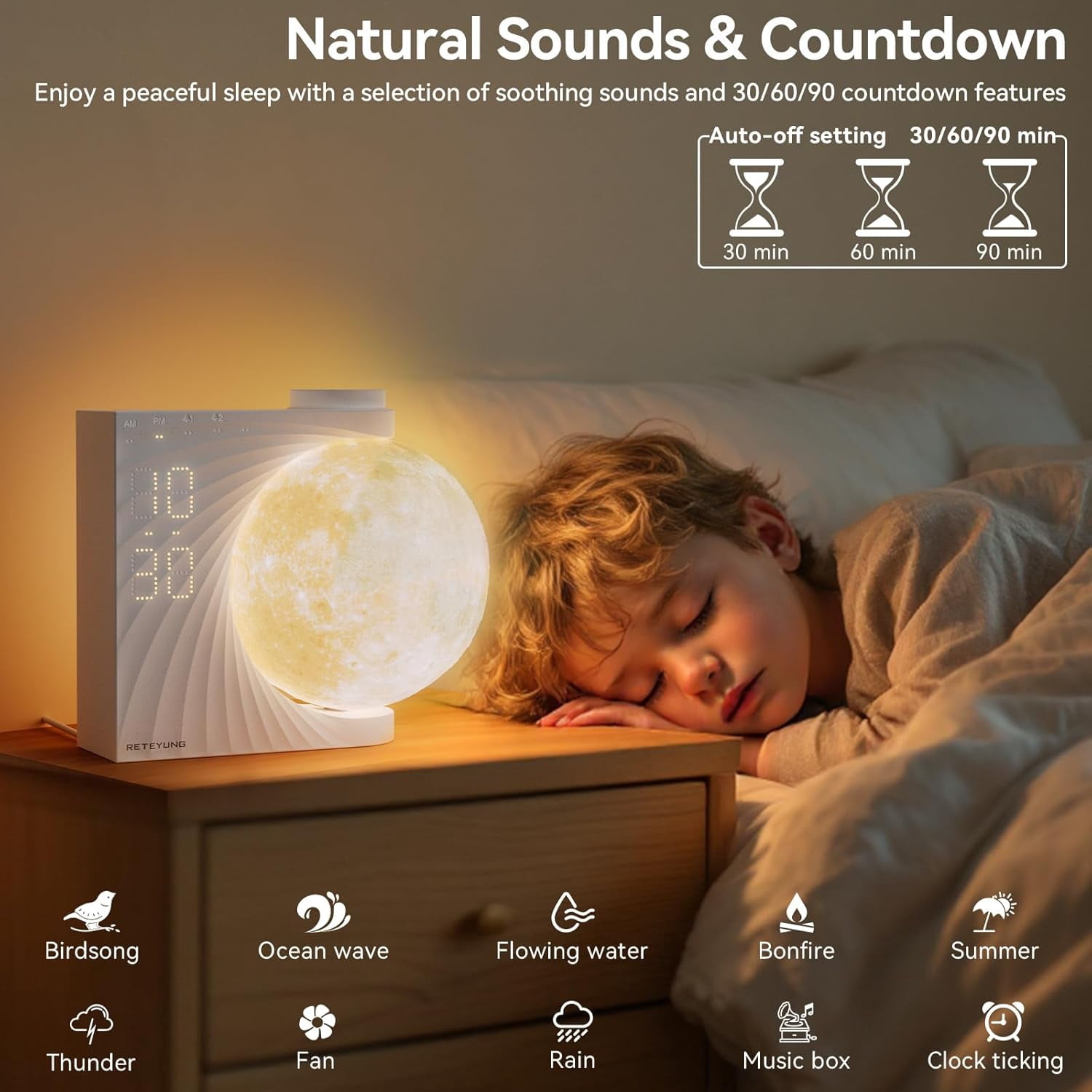Sunrise Wake Up Light 3-in-1 Moon Dual Alarm Clock  With RGB Light & Natural Sounds