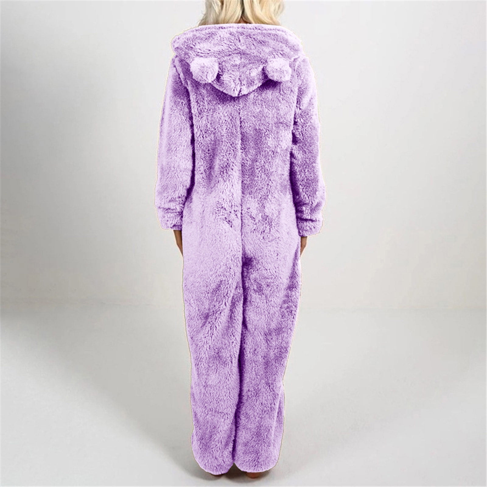 Lovskoo Womens Fluffy Hooded Jumpsuit Fuzzy Pajamas Long Sleeve Cute Ear One Piece Onesie Winter Warm Rompers Sleepwear Purple