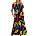 thumbnail image 1 of Penkiiy Robe d'Été Décontractée à Manches Courtes Col Rond Imprimé Plumes Robe Maxi Fluide de Plage avec Poches TG Noir, 1 of 6