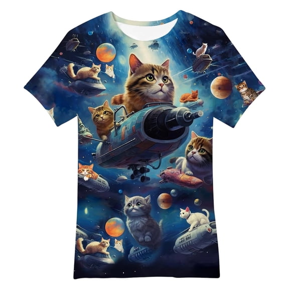 Angala Toddler Boys T Shirts Cartoon Cat Print Shirts Crew Neck Short Sleeve Summer Kawaii Comfortable Dailywear Casual Child Tees Size 2-3 Years Blue