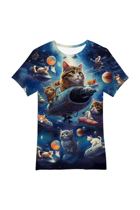 Boys Cute Cat Print Short Sleeve T Shirt Short Sleeve Crew Neck T-Shirt, Sizes 2-13