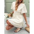 thumbnail image 5 of Apricot Women Summer Textured Lace V-Neck Short Sleeve Waisted A-Line Dress, 5 of 6
