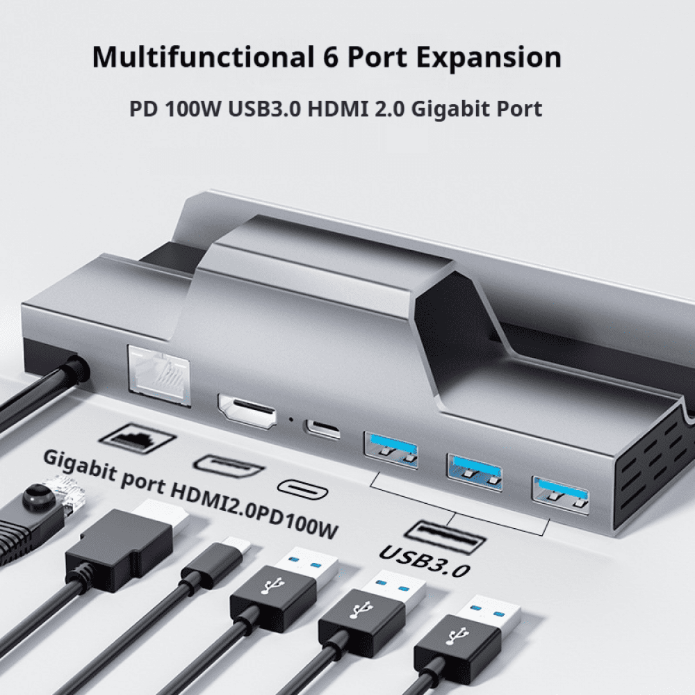 6-in-1 Docking Station Compatible with Steam Deck with USB 3.0 HDMI 2.0 4K 60Hz Gigabit Ethernet 100W PD Charging HUB-Silver