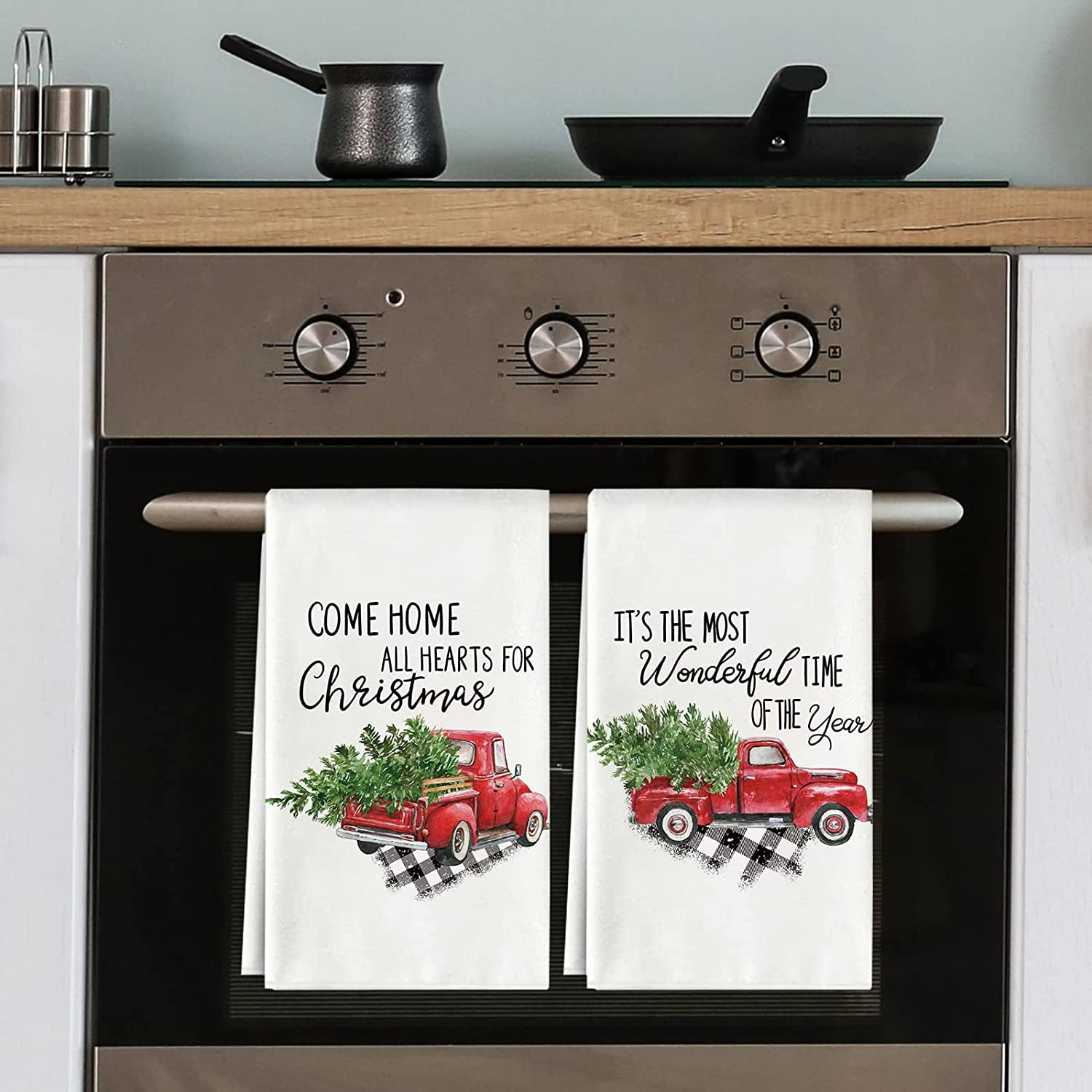 Christmas Kitchen Towels Red Truck Black And White Plaid - Temu