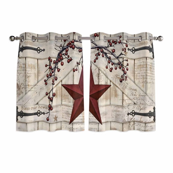 Texas Star Vintage Kitchen Curtains Window Panels, Red Retro Berry Beige Wooden Insulated Window Treatment Curtain, Grommet Curtains for Bedroom/Living Room/Bathroom, 2 Piece 42"Wx54"L