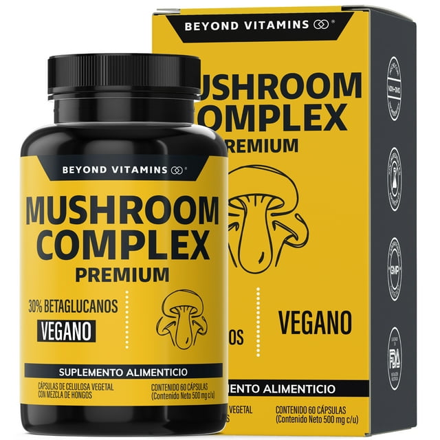 mushroom complex premium con hongos adaptógenos - melena de leon - nootrópico natural - concentración - vitaminas mujer / hombre - 60 capsulas frasco negro con etiqueta amarilla y caja a la derecha; vista 3/4 frontal que muestra texto "Mushroom Complex Premium", sello "Vegano" y "30% betaglucanos"; botella con tapa de rosca e icono de hongo estilizado, contenido para 60 cápsulas veganas.
