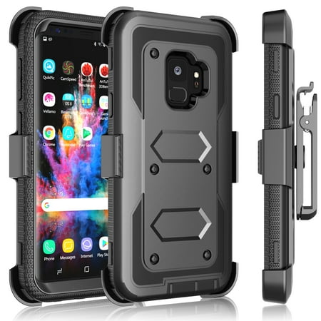 Galaxy S9 / S9 Plus Case, Samsung Galaxy S9 Holster Clip, Tekcoo [Tshell] Shock Absorbing [Coal Black] Secure Swivel Locking Belt Defender Heavy Full Body Kickstand Carrying Tank Armor Cases Cover
