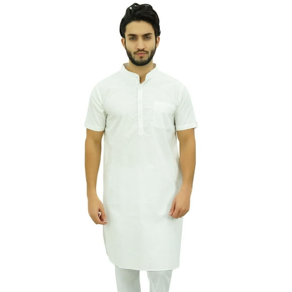 Atasi Men's White Cotton Long Kurta Short Sleeve Casual Shirt Clothing-X-Large