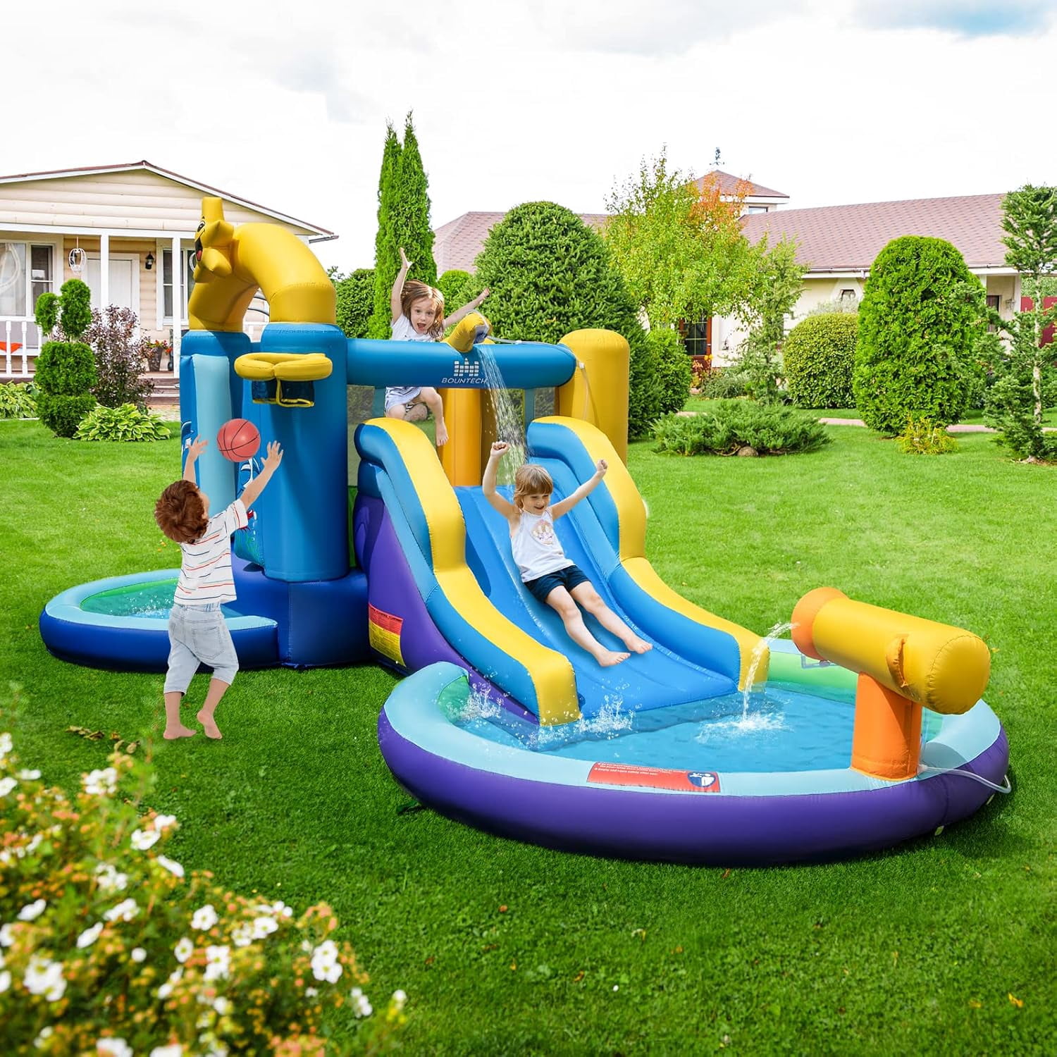 OLAKIDS Inflatable Water Slide, 6 in 1 Ocean Theme Bounce House Water Park with Slide Splash Pool Ball Pit Water Blaster 735W Blower 50PCS Ocean Balls, Outdoor Inflatable Obstacle Course Backyard