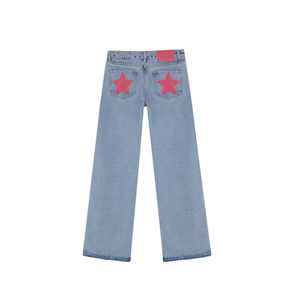 Y2k Studded Jeans for Women Vintage Star Low Rise Straight Leg Baggy Denim Pants Blue Pink Star S