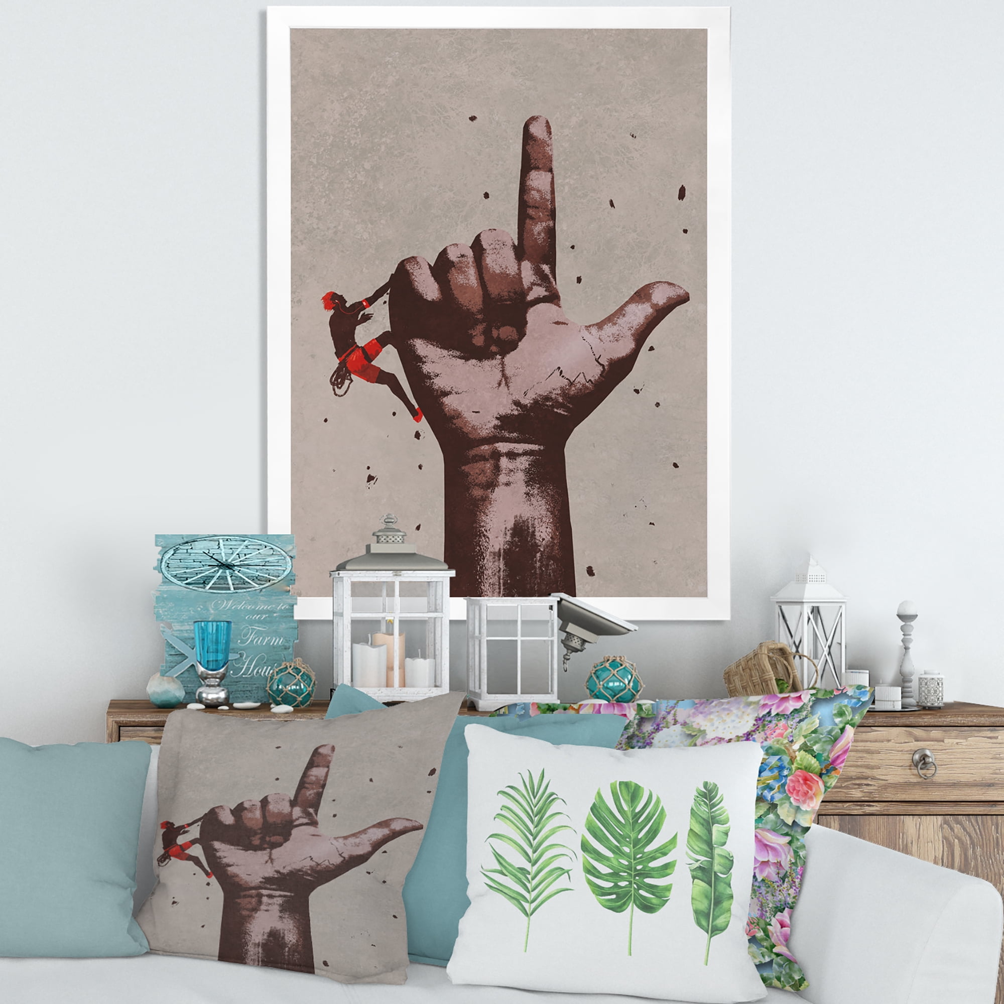 Designart 'Climber With Finger Pointing Up Sign' Modern Framed Art Print