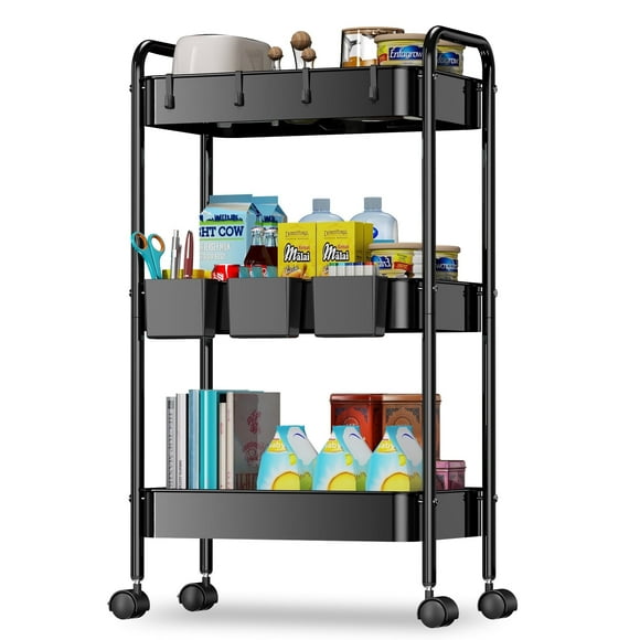 Cshidworld Carrito Utilitario Rodante de 3 Niveles con 3 Vasos Colgantes, Negro