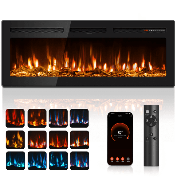 Patiosunny 60" WiFi Electric Fireplace, Freestanding/Inserts/Wall Mounted Fireplace Heater, 12 Flame Colours, with WiFi Remote Control&Smart App, 12H Timer, for Living Rooms and Bedrooms