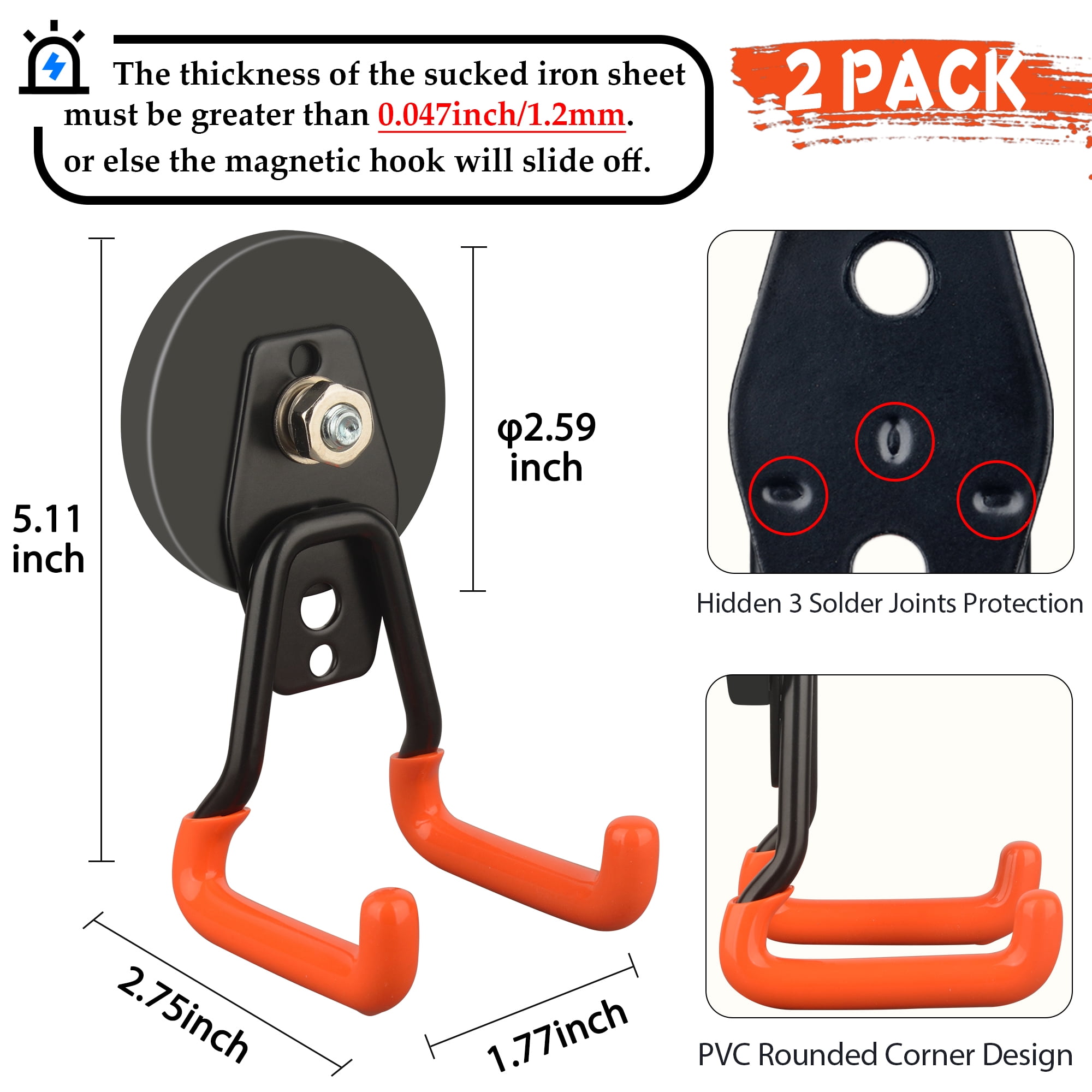 ULIBERMAGNET New Upgraded Heavy Duty Magnetic Garage Hooks,2 Pack Strong Large Magnet Hooks for Power Drill,Garden Tools,Hose,Pegboard,Garage, Workshop,Magnetic Storage Hook for Hanging(Orange)